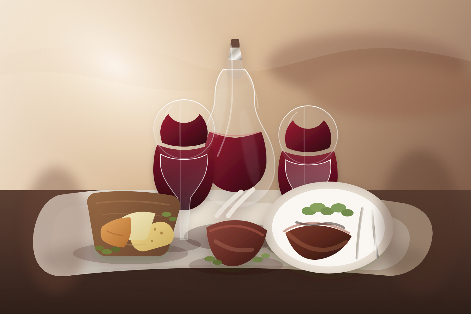 a table setting with lamb chops, grilled steak, hard cheese, and a red wine decanter
