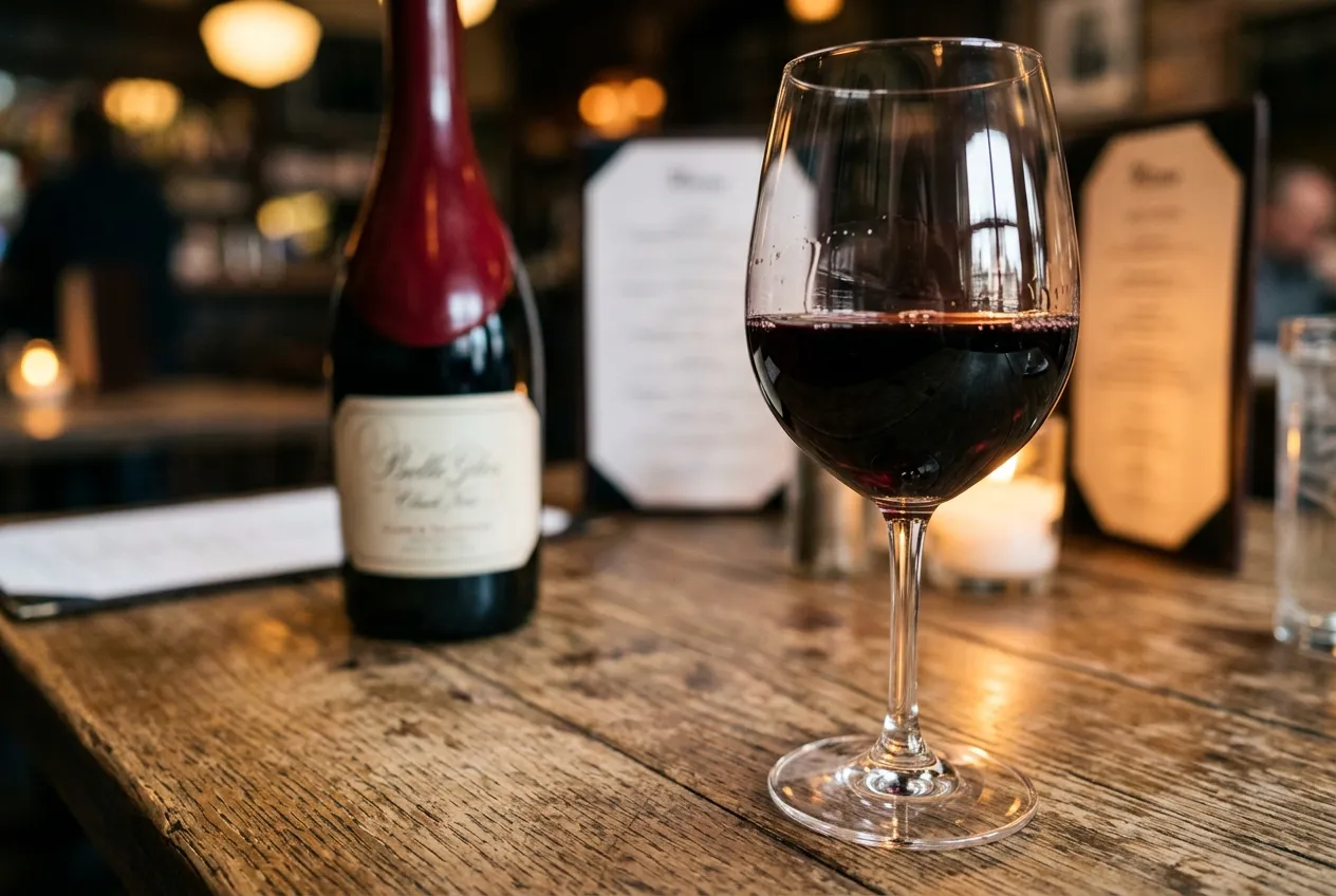 Nalitá sklenka vyzrálého vína Belle Glos Pinot Noir odhalující tmavší tóny a sametovou texturu