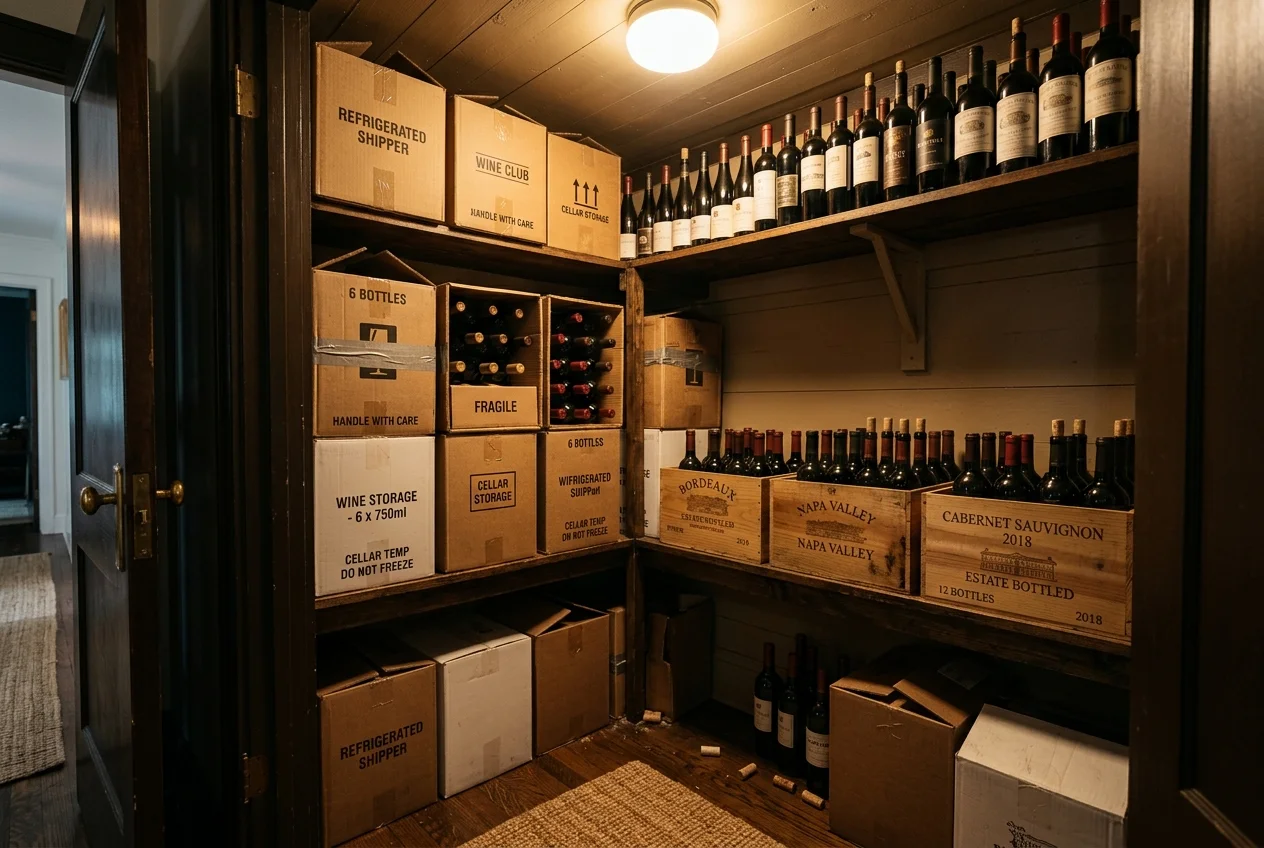 Close-up of insulated cardboard boxes and wooden crates used for DIY wine storage in an interior closet.
