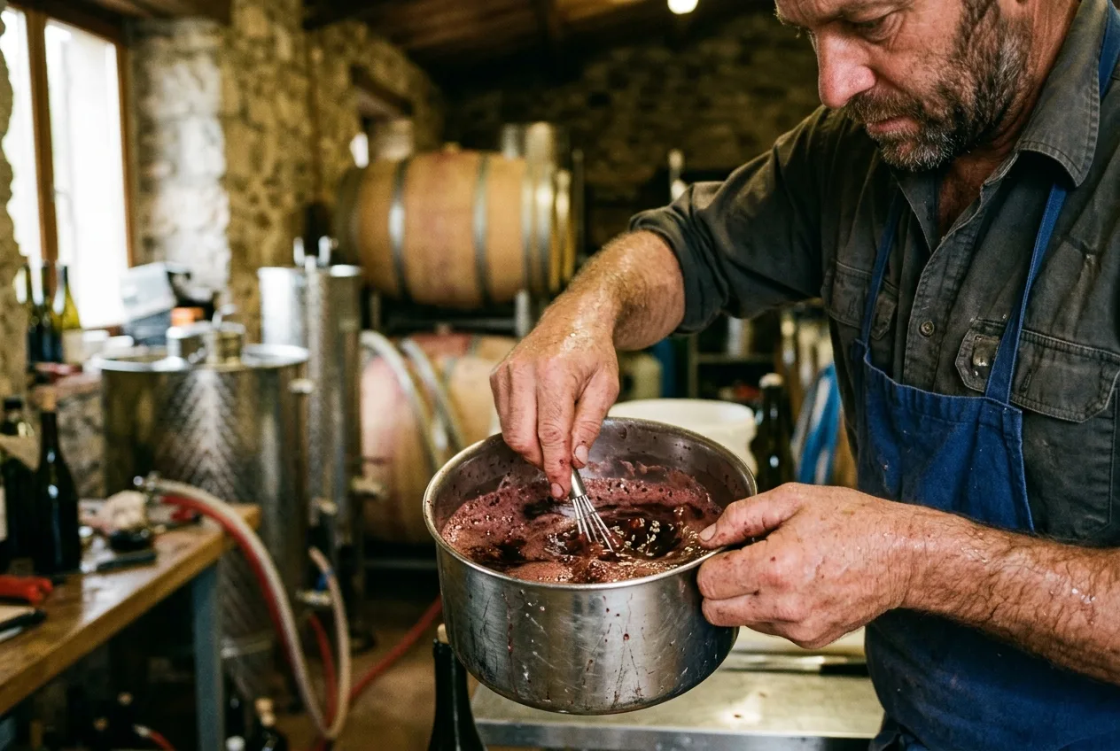 Winemaker rehydrating Lalvin BDX red Bordeaux wine yeast in stainless steel vessel