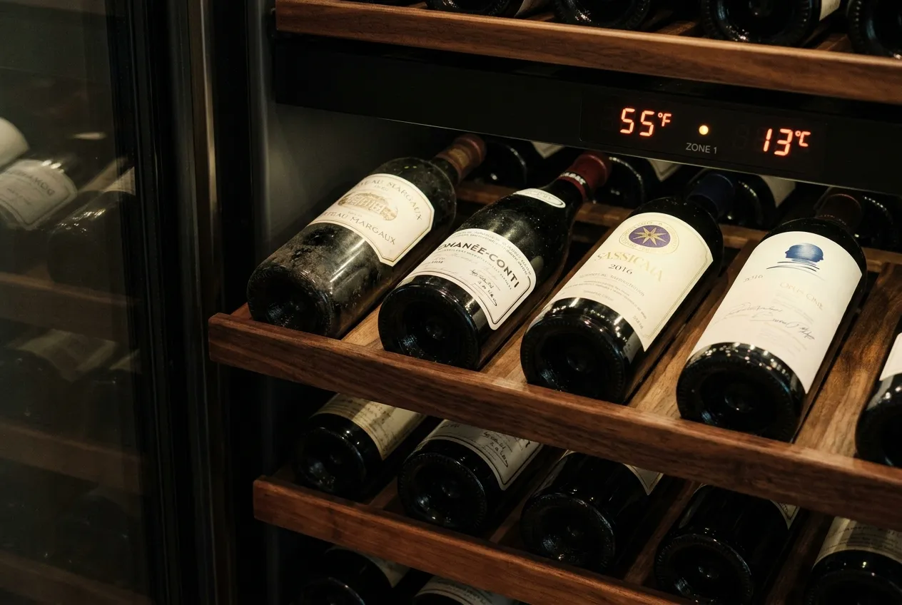 High Quality Wine Cooler Guide: 5 Features Experts Demand to Protect Your Collection 3 Close-up of a dual-zone luxury wine cooler shelf showing wooden racks and digital temperature control panel.