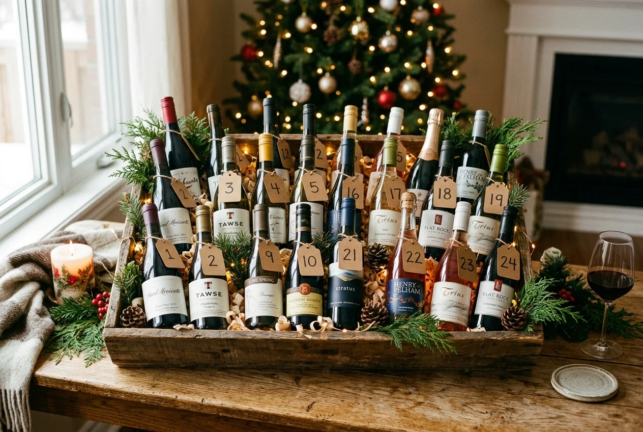 Wine Advent Calendar 2025 Ontario: 6 Best Picks Before They Sell Out 3 Assorted half-bottles of wine from LCBO and independent Ontario wineries arranged for a holiday countdown calendar.