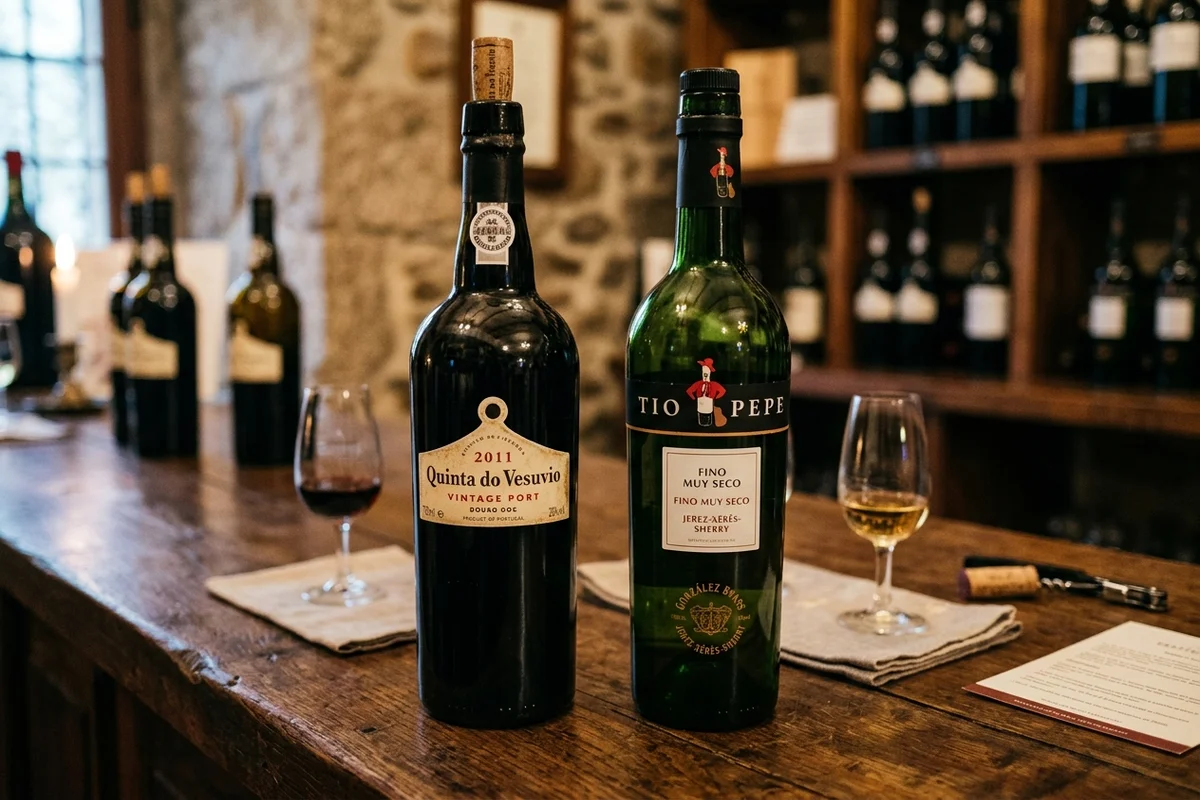 Spanish Port Wine Explained: Why It Doesn't Exist (And 3 Best Spanish Alternatives) 3 Comparison of a Portuguese Port wine bottle from Douro Valley and a Spanish Sherry bottle from Jerez side by side.