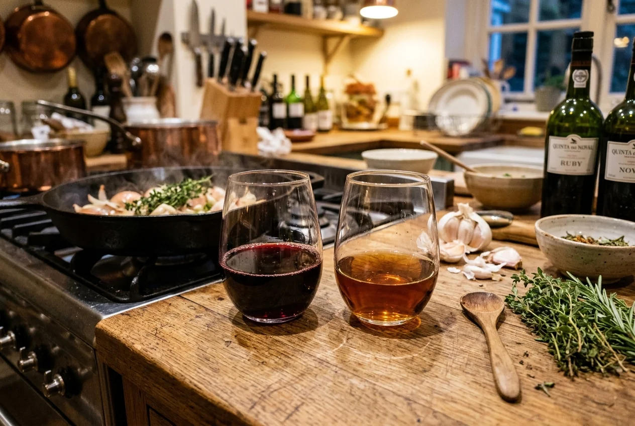 Comparison of Ruby Port and Tawny Port poured in wine glasses beside cooking ingredients