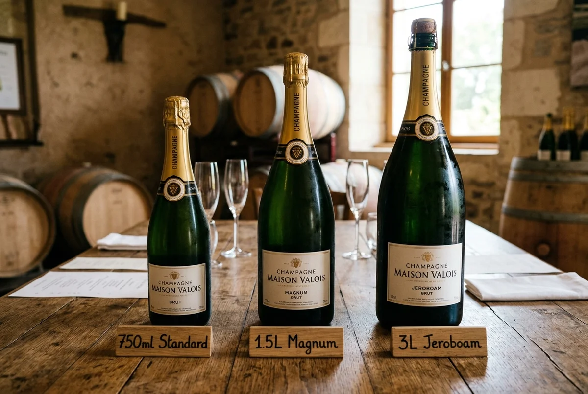 Jeroboam Bottle Of California Champagne_Final 2 Comparison chart of wine bottle sizes including standard 750ml, Magnum, and Jeroboam