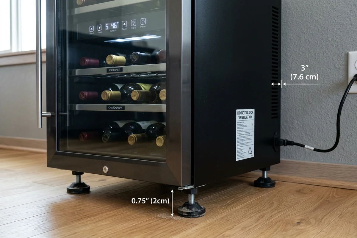 Diagram illustrating clearance ventilation requirements and leveling feet adjustment for wine cabinets