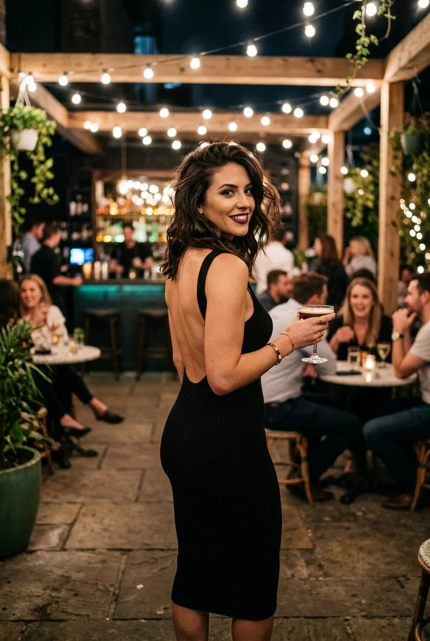 10 Chic Going-Out Outfits That Turn Heads at Any Wine Bar 9 chc going out outfits with a backless knitted bodycon dress for warm summer nights (AI Generated Image)