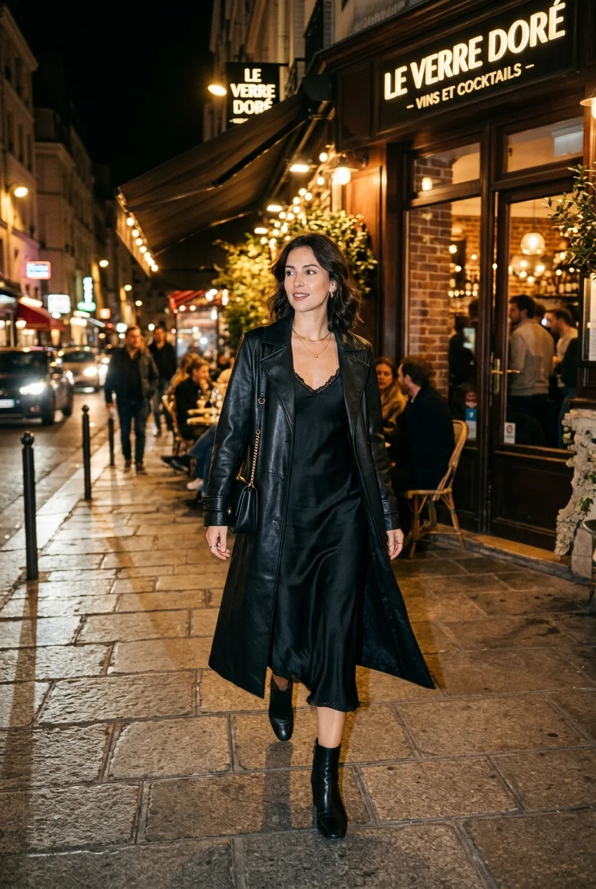 10 Chic Going-Out Outfits That Turn Heads at Any Wine Bar 3 chc going out outfits featuring a sleek faux leather trench coat over a minimalist slip dress (AI Generated Image)