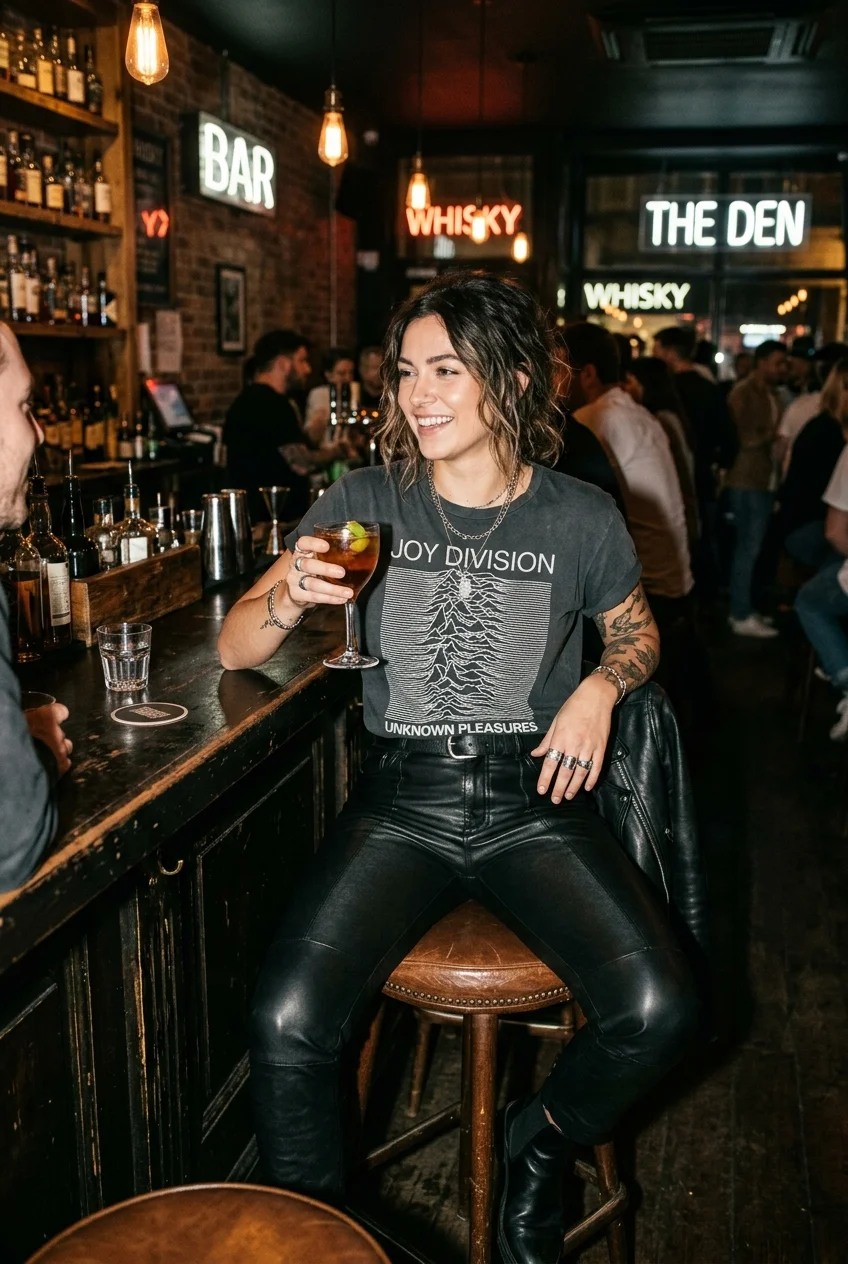 10 Chic Going-Out Outfits That Turn Heads at Any Wine Bar 7 chc going out outfits with a vintage graphic tee tucked into sleek leather trousers (AI Generated Image)