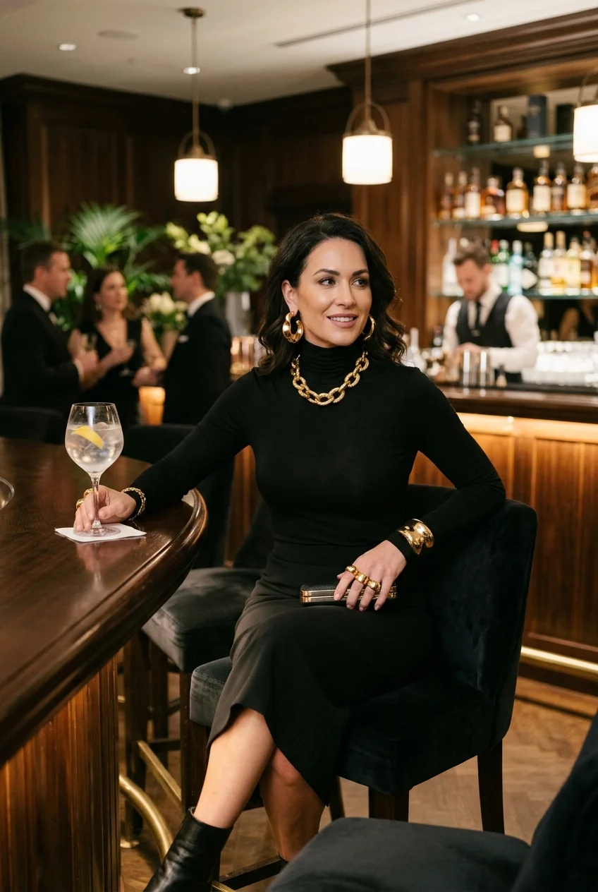 10 Chic Going-Out Outfits That Turn Heads at Any Wine Bar 8 chc going out outfits featuring a monochromatic all black silhouette with chunky gold jewelry (AI Generated Image)