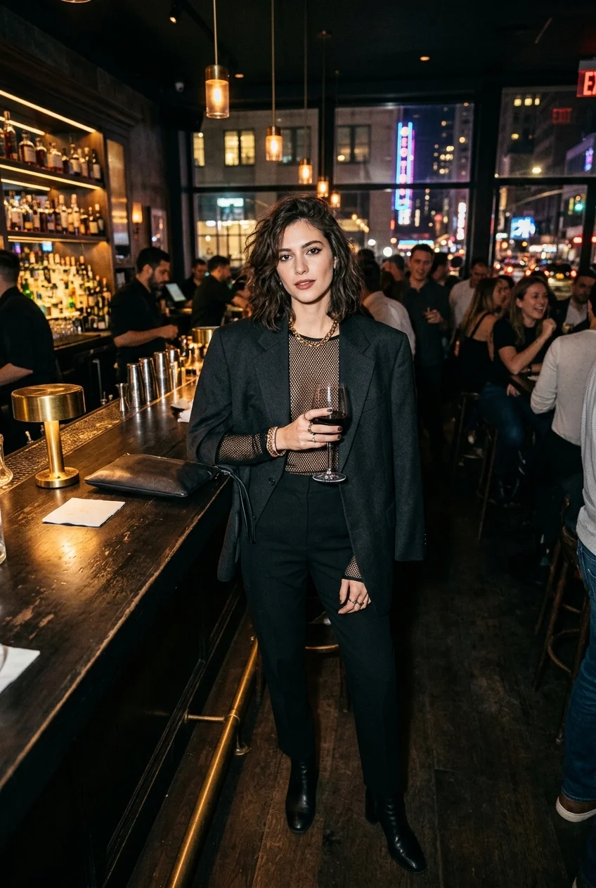 10 Chic Going-Out Outfits That Turn Heads at Any Wine Bar 5 chc going out outfits showcasing an oversized structured blazer over a sheer mesh layer (AI Generated Image)