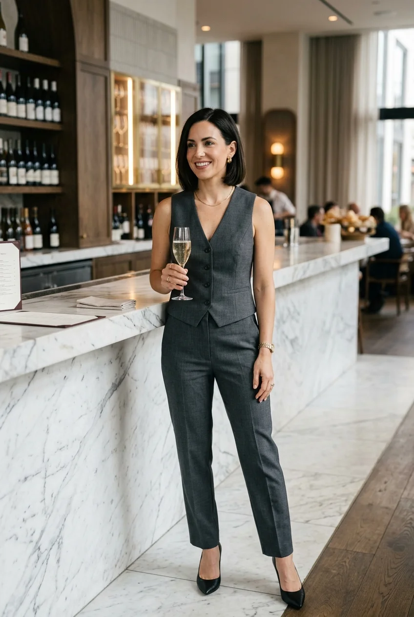 10 Chic Going-Out Outfits That Turn Heads at Any Wine Bar 12 chc going out outfits featuring a modern tailored vest set for standing events (AI Generated Image)