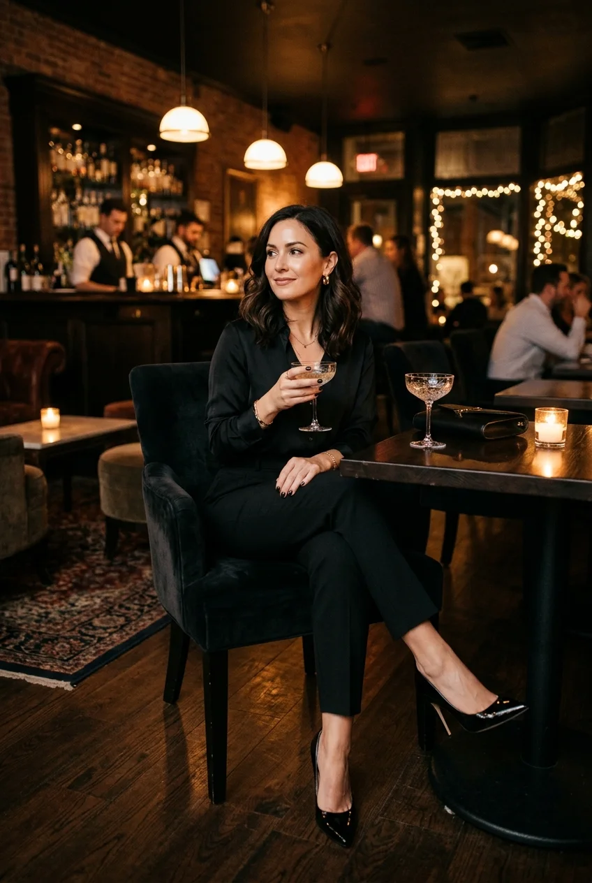 10 Chic Fancy Dinner Outfits You Can Put Together in 5 Minutes 5 fance dinner outfit in all-black monochromatic tonal layering (AI Generated Image)