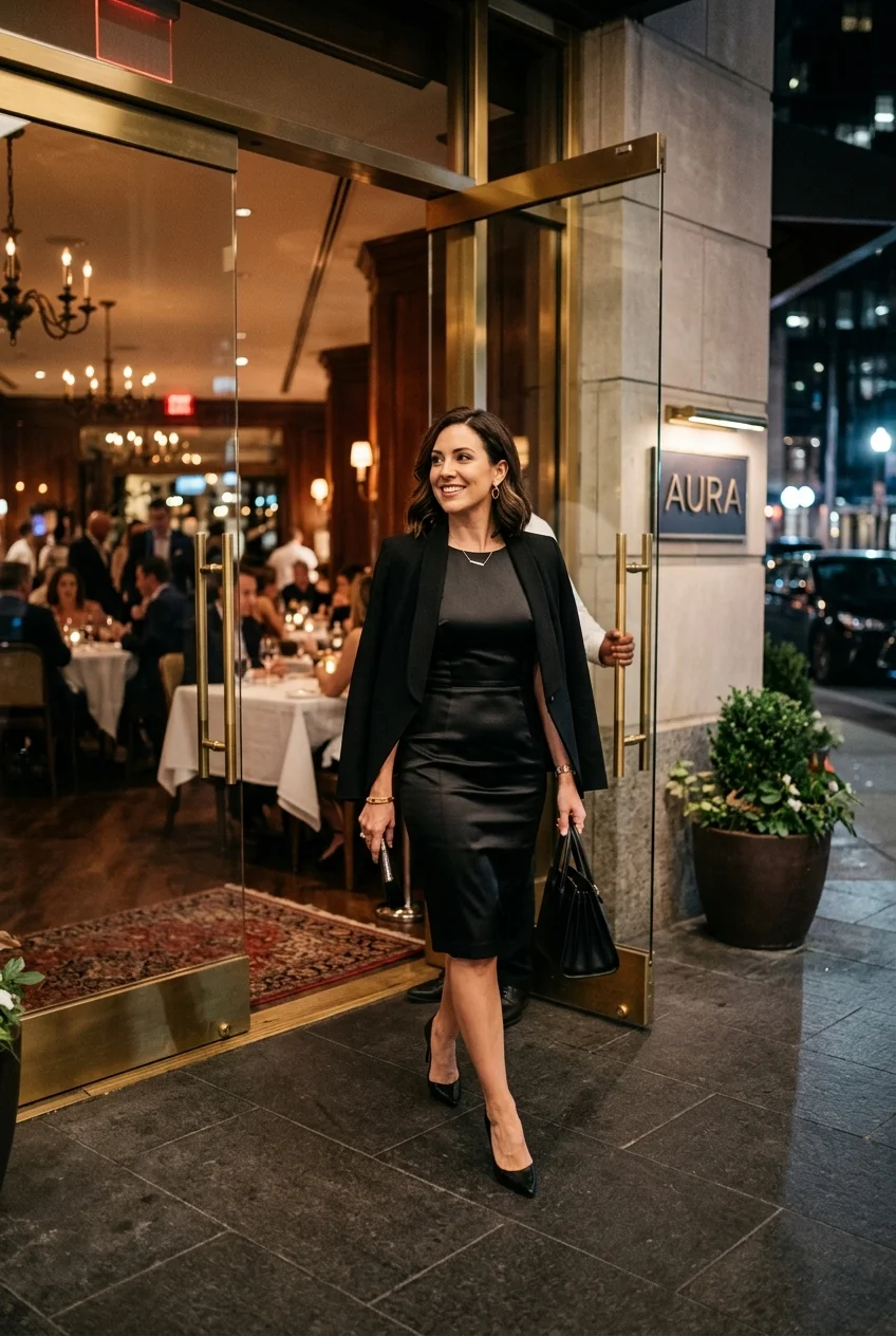 10 Chic Fancy Dinner Outfits You Can Put Together in 5 Minutes 6 fance dinner outfit with desk-to-dinner draped blazer (AI Generated Image)