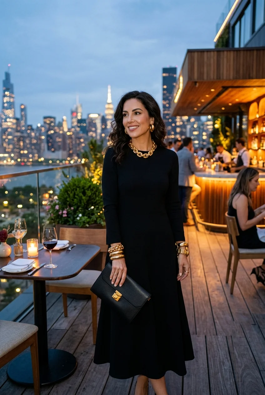 10 Chic Fancy Dinner Outfits You Can Put Together in 5 Minutes 8 fance dinner outfit with minimalist black dress and chunky gold jewelry (AI Generated Image)