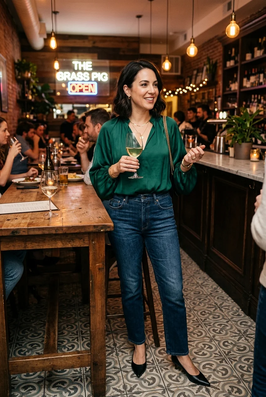 10 Chic Fancy Dinner Outfits You Can Put Together in 5 Minutes 10 fance dinner outfit with elevated nice top and dark denim (AI Generated Image)