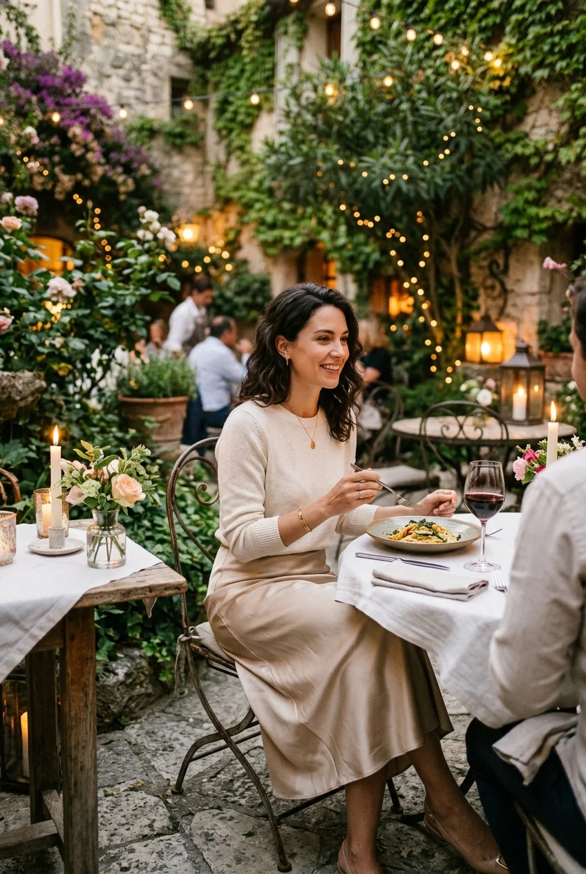 10 Chic Fancy Dinner Outfits You Can Put Together in 5 Minutes 7 fance dinner outfit with satin midi skirt and lightweight knit (AI Generated Image)