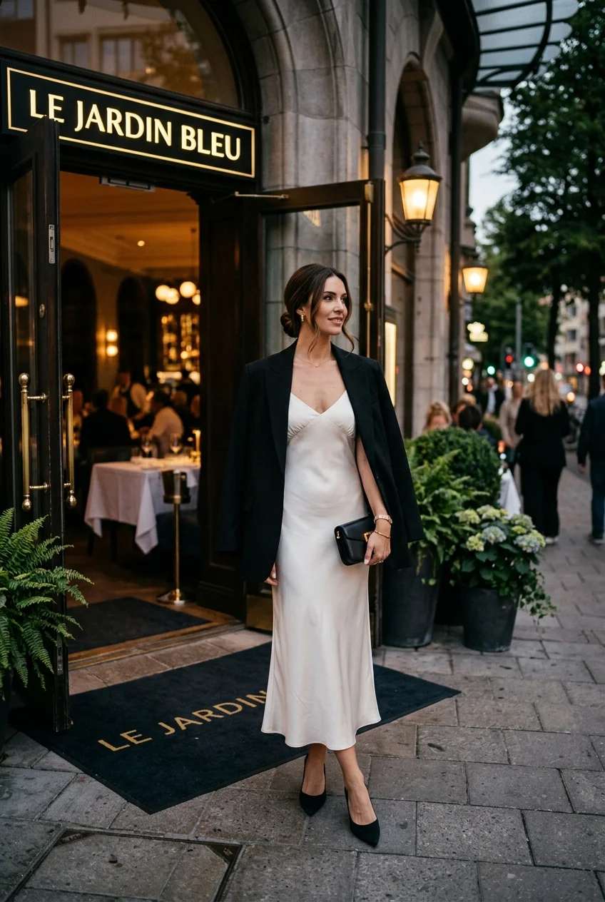 10 Chic Fancy Dinner Outfits You Can Put Together in 5 Minutes 3 fance dinner outfit featuring silk slip dress and structured blazer (AI Generated Image)