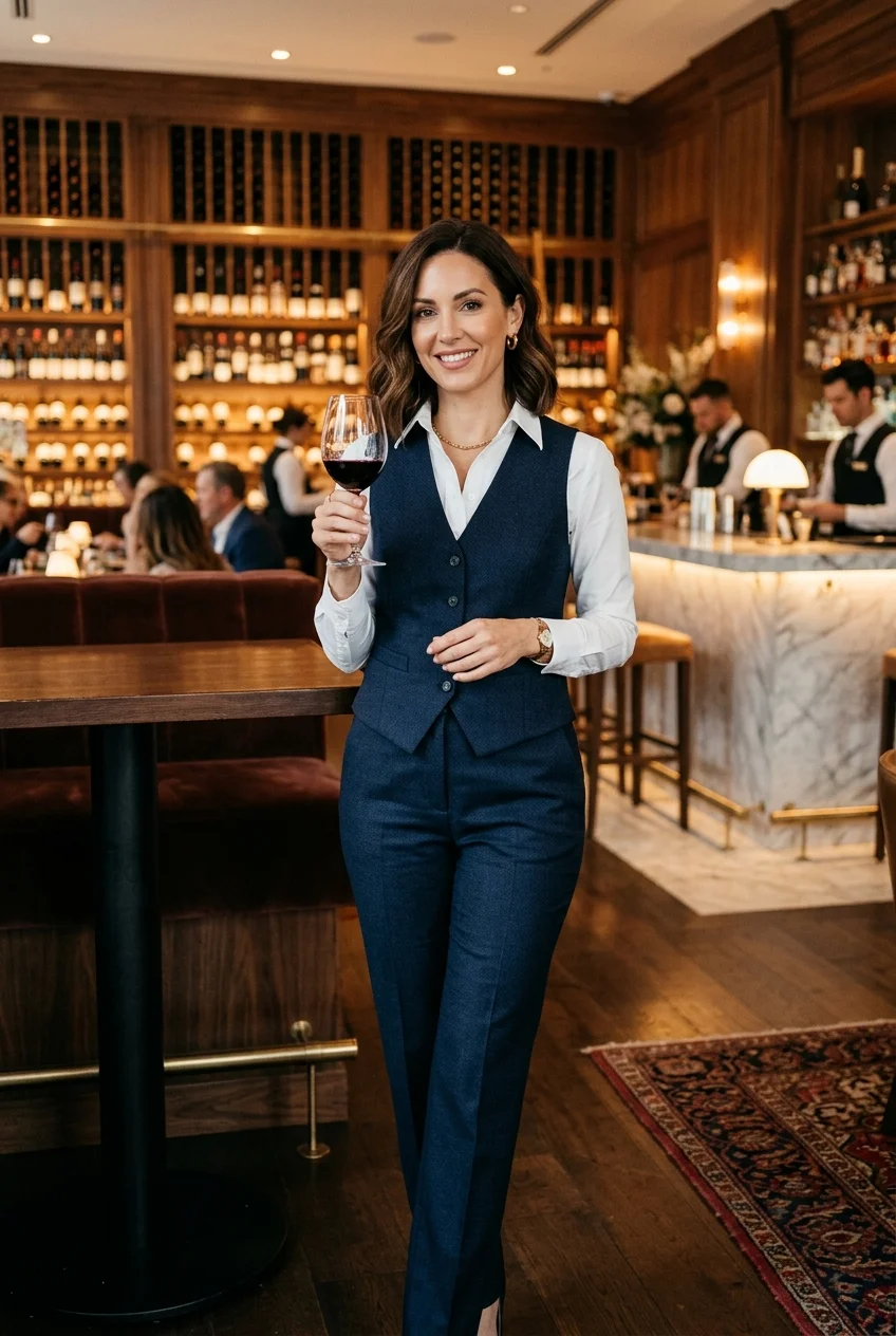 10 Chic Fancy Dinner Outfits You Can Put Together in 5 Minutes 12 fance dinner outfit with modern tailored vest suit (AI Generated Image)