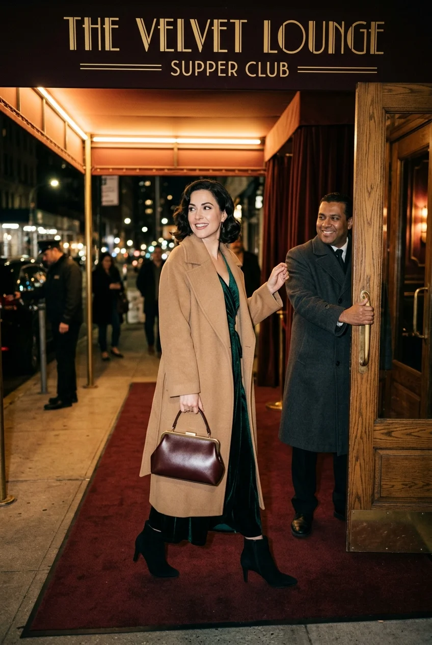 10 Fine Dining Outfit Ideas That Radiate Quiet Luxury 8 fine dining outfit coat check outerwear paired with leather frame clutch (AI Generated Image)