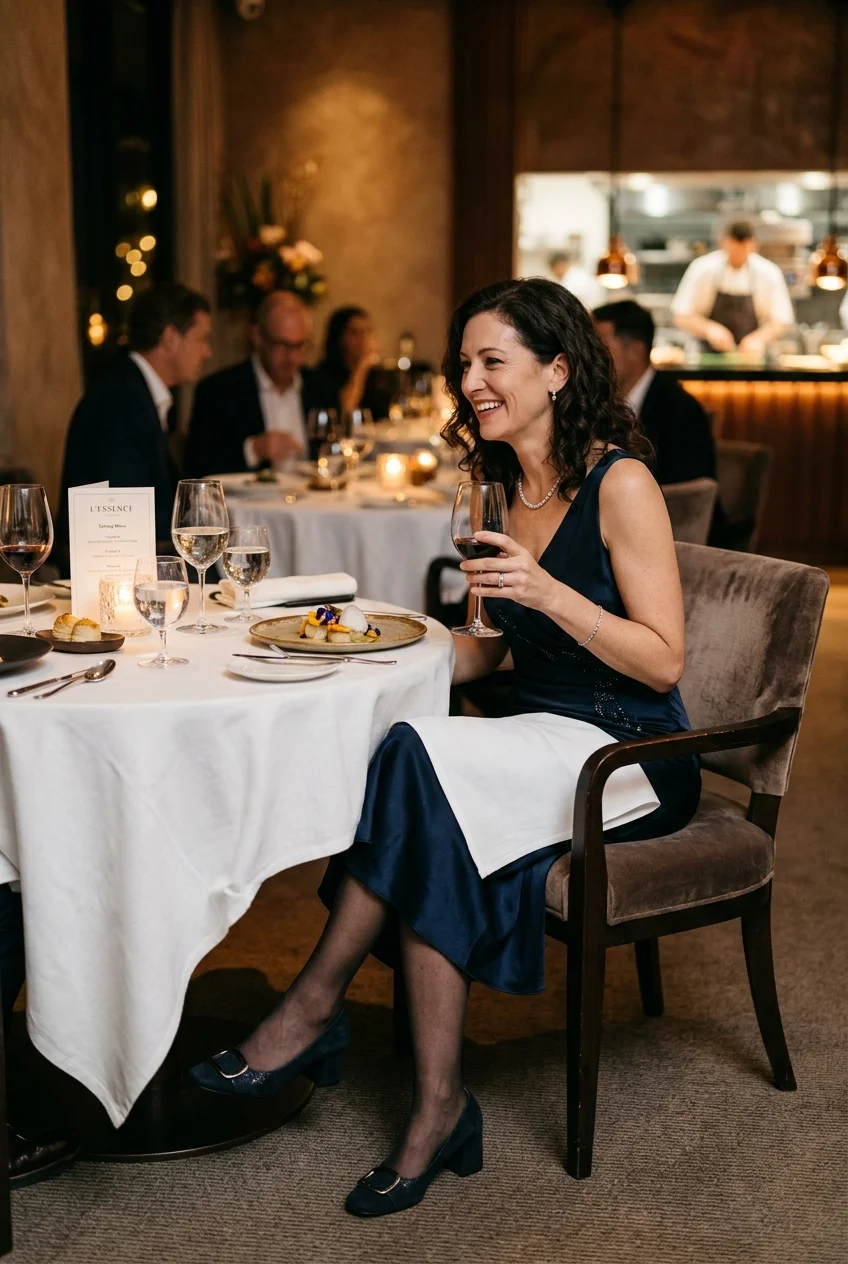 10 Fine Dining Outfit Ideas That Radiate Quiet Luxury 10 fine dining outfit multi course footwear strategy low block heels (AI Generated Image)