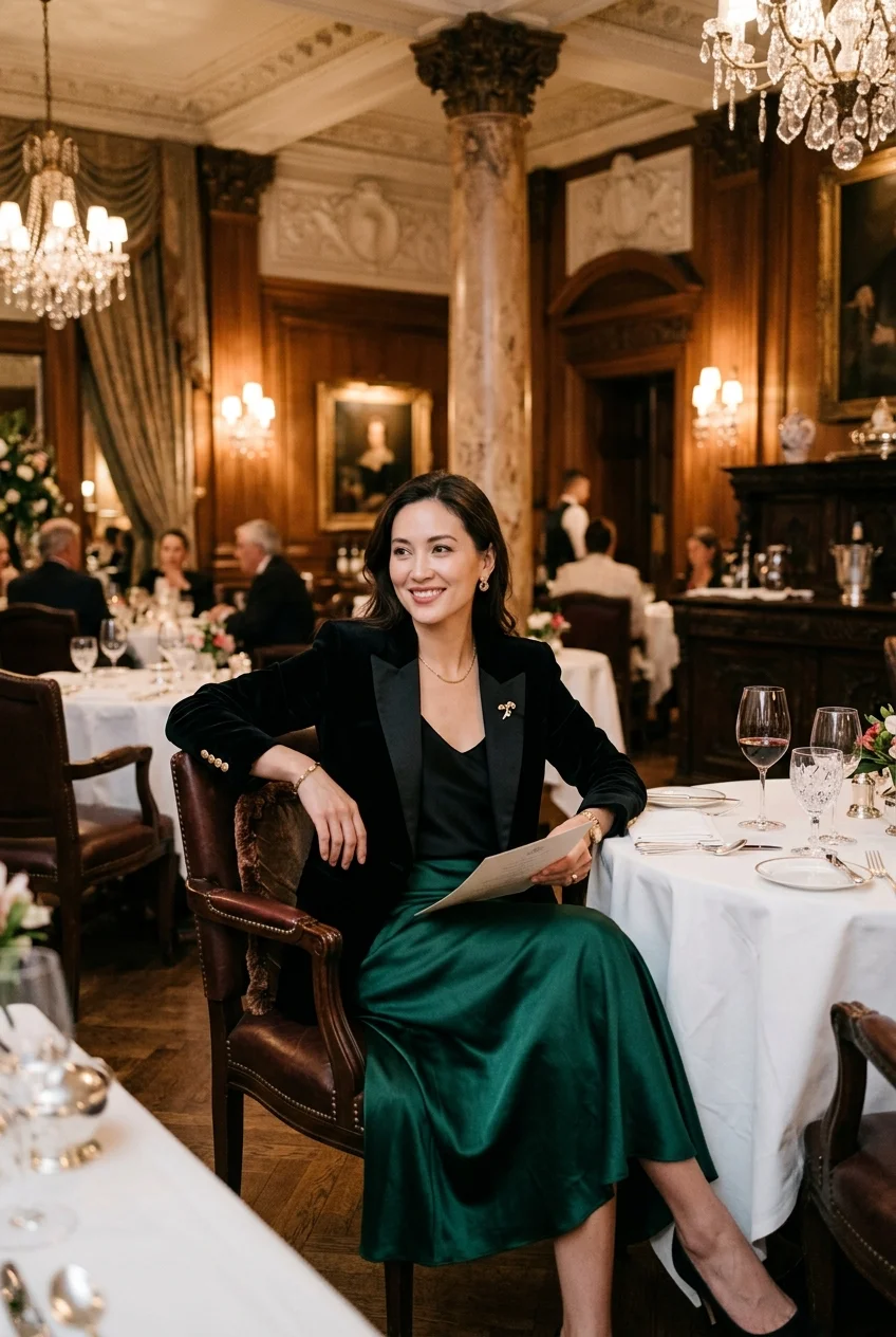 10 Fine Dining Outfit Ideas That Radiate Quiet Luxury 6 fine dining outfit autumn style with mulberry silk and heavyweight velvet separates (AI Generated Image)