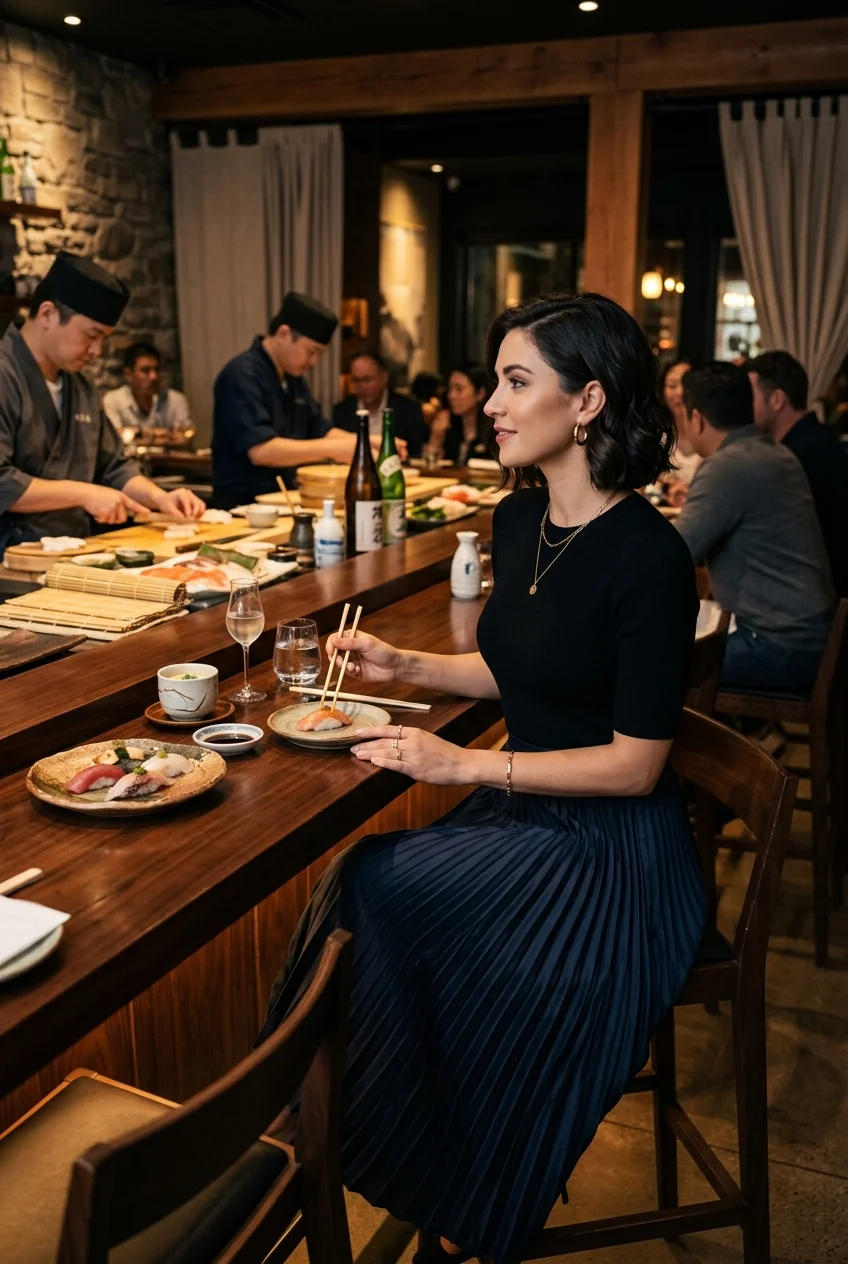 10 Fine Dining Outfit Ideas That Radiate Quiet Luxury 7 fine dining outfit proportional contrast styling with fitted top and flowing midi skirt (AI Generated Image)