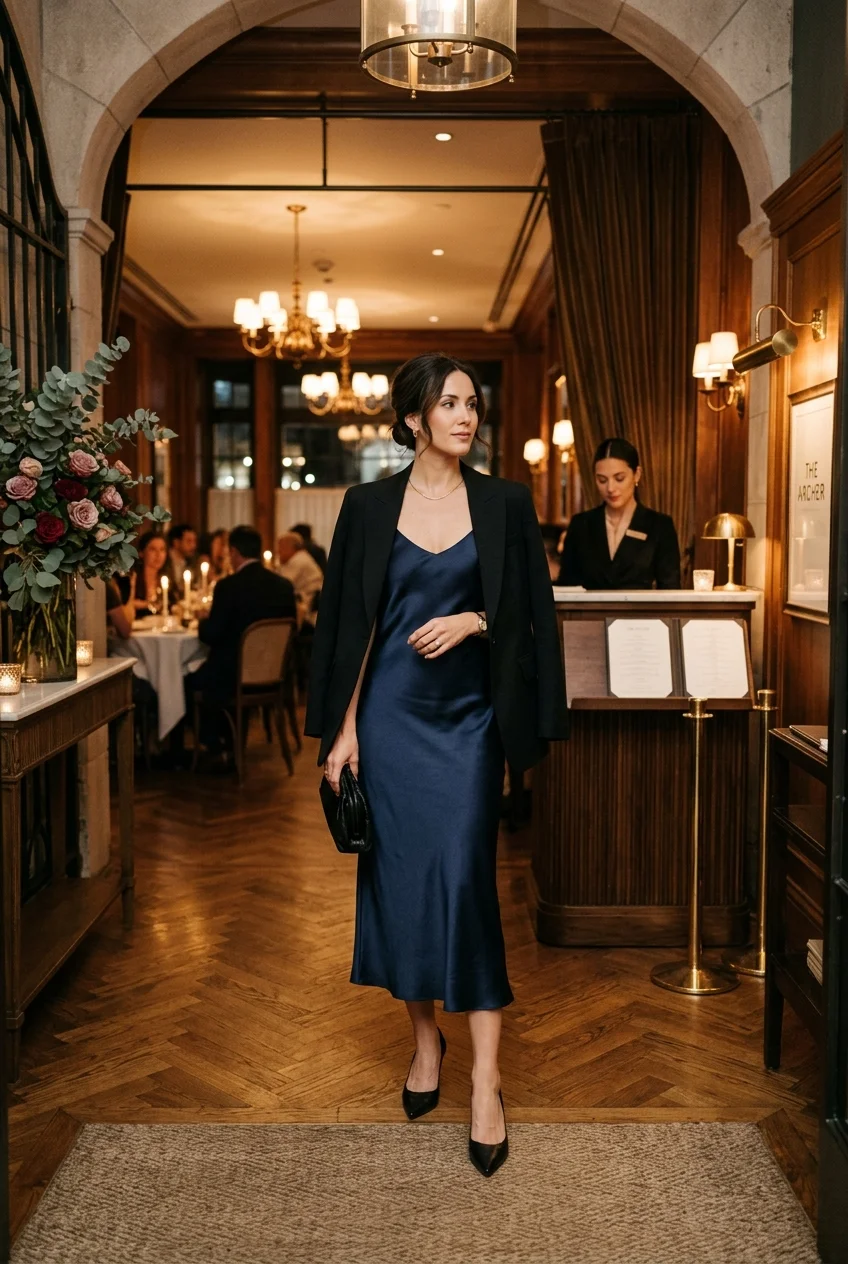 10 Fine Dining Outfit Ideas That Radiate Quiet Luxury 3 fine dining outfit featuring silk midi slip dress with tailored blazer (AI Generated Image)