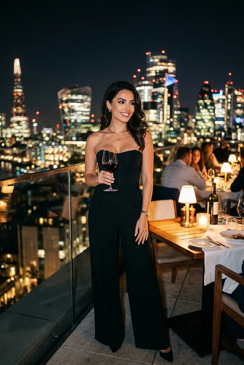 10 Fine Dining Outfit Ideas That Radiate Quiet Luxury 12 fine dining outfit sleek strapless corset top with tailored wide leg trousers (AI Generated Image)