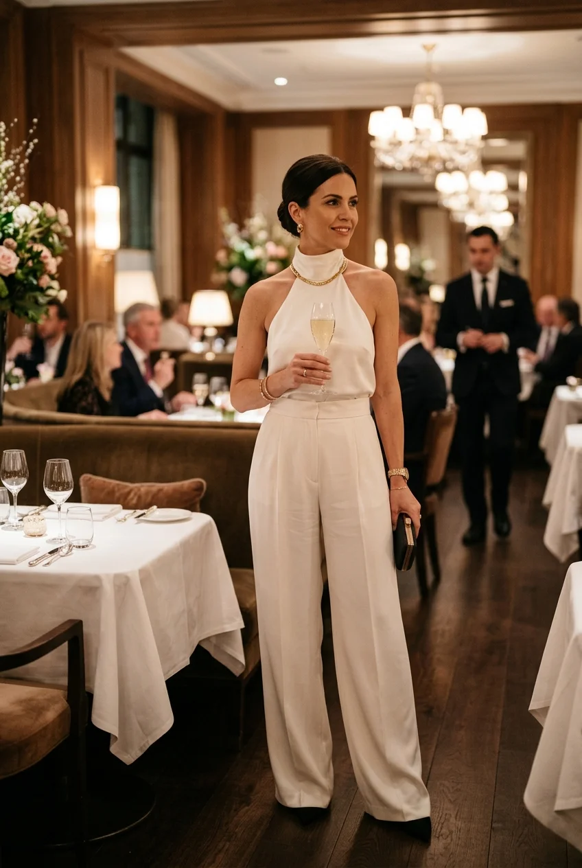 10 Fine Dining Outfit Ideas That Radiate Quiet Luxury 4 fine dining outfit featuring monochromatic wide leg tuxedo trousers (AI Generated Image)