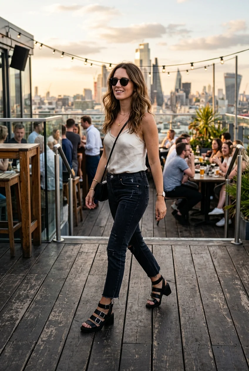 What to Wear to a Rooftop Bar: 10 Chic, Deck-Safe Outfits 10 rooftob bar outfit with chunky block heels and ankle-graze denim (AI Generated Image)