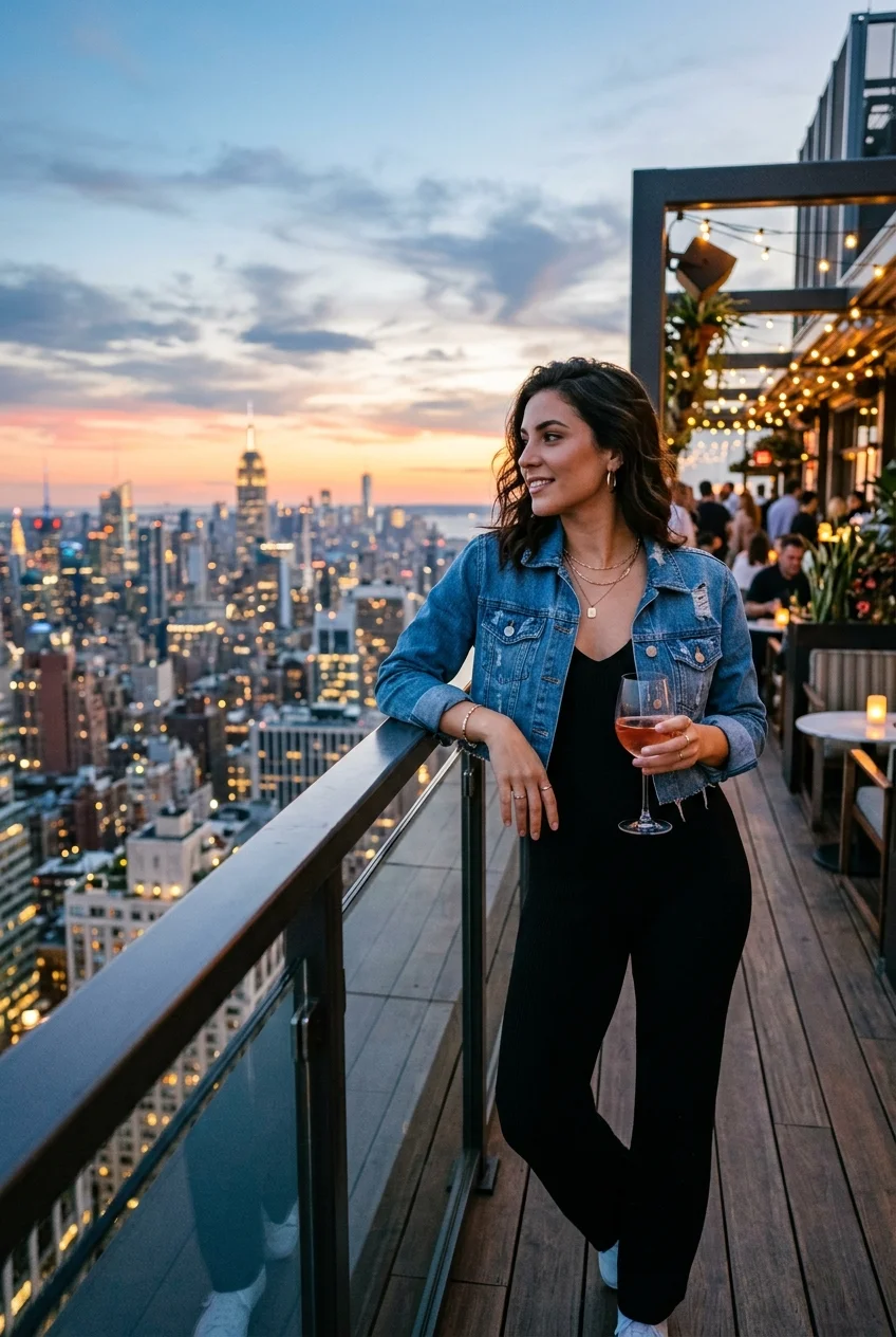 What to Wear to a Rooftop Bar: 10 Chic, Deck-Safe Outfits 8 rooftob bar outfit featuring cropped denim jacket over fluid jumpsuit (AI Generated Image)