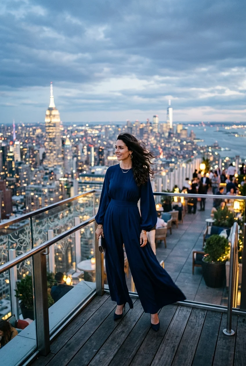 What to Wear to a Rooftop Bar: 10 Chic, Deck-Safe Outfits 11 rooftob bar outfit with heavy-drape wide-leg jumpsuit (AI Generated Image)