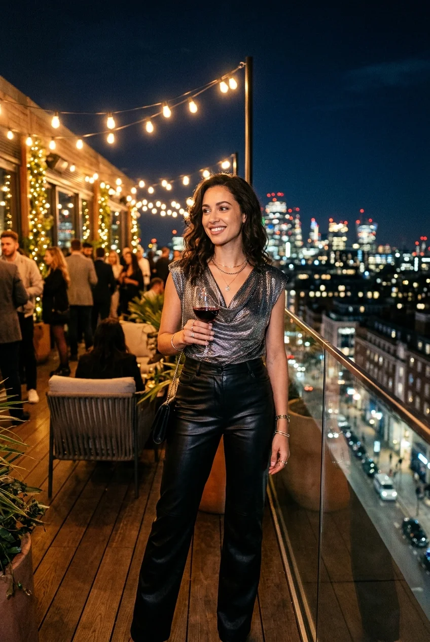 What to Wear to a Rooftop Bar: 10 Chic, Deck-Safe Outfits 12 rooftob bar outfit featuring high-waisted leather trousers and metallic top (AI Generated Image)