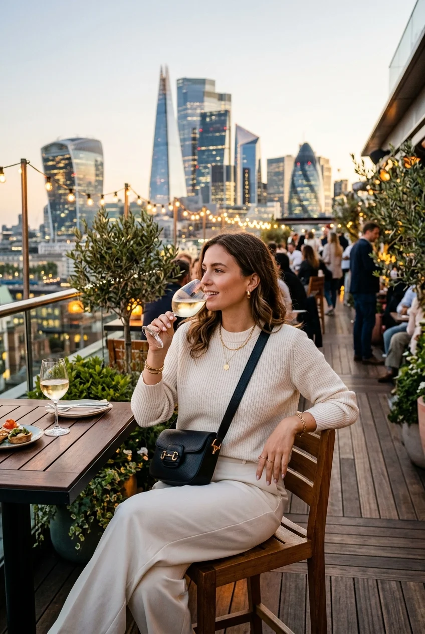 What to Wear to a Rooftop Bar: 10 Chic, Deck-Safe Outfits 7 rooftob bar outfit with monochromatic set and leather crossbody bag (AI Generated Image)