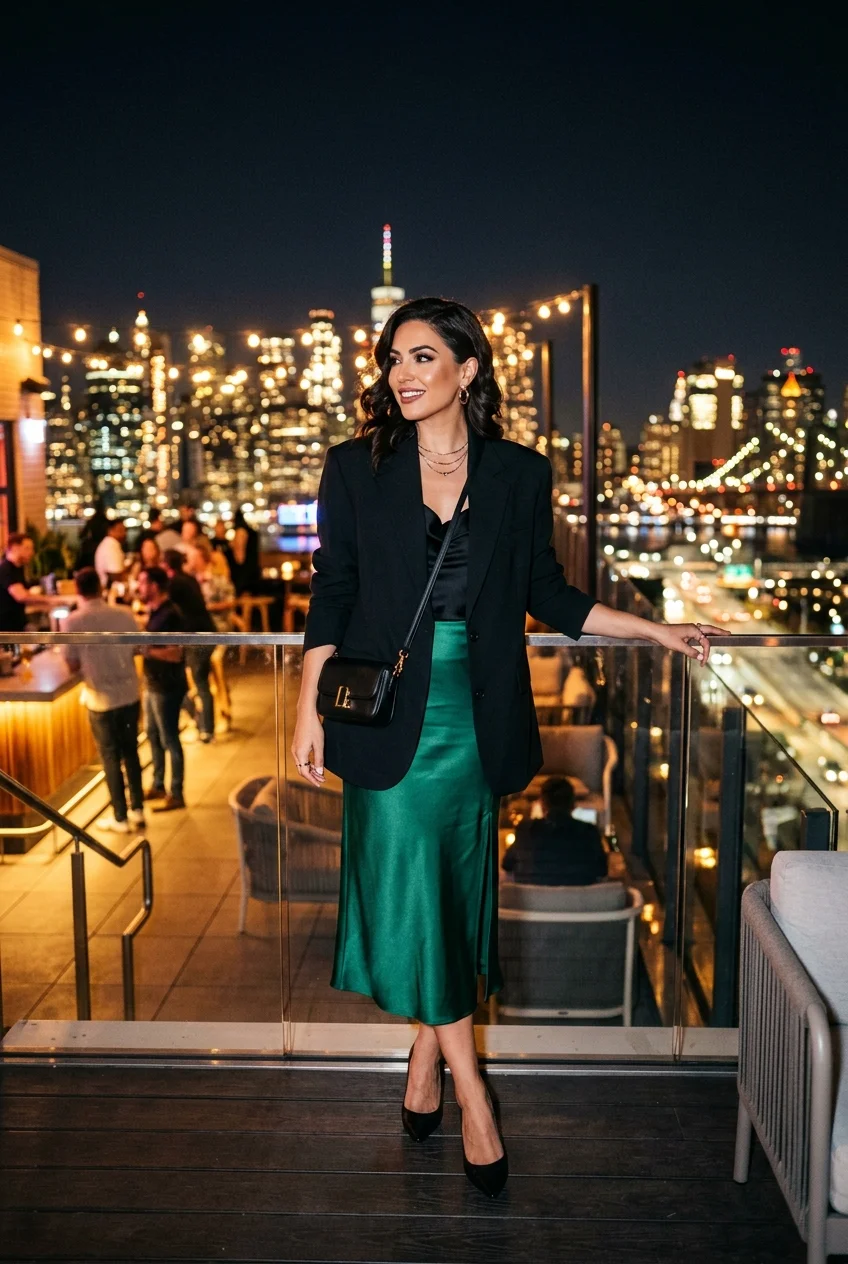 What to Wear to a Rooftop Bar: 10 Chic, Deck-Safe Outfits 4 rooftob bar outfit featuring satin midi skirt and structured oversized blazer (AI Generated Image)