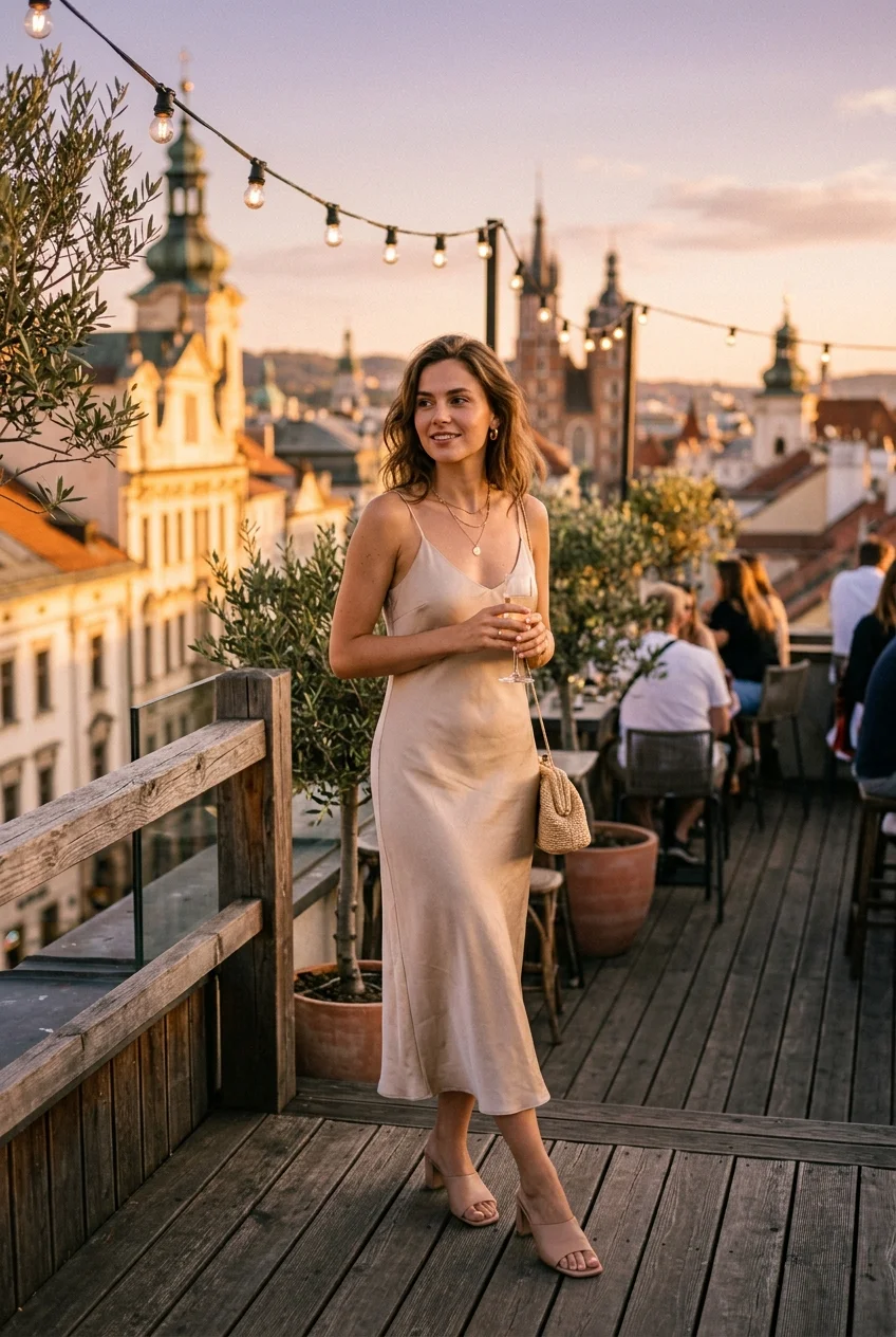 What to Wear to a Rooftop Bar: 10 Chic, Deck-Safe Outfits 5 rooftob bar outfit with silk slip dress and strategic block heels (AI Generated Image)