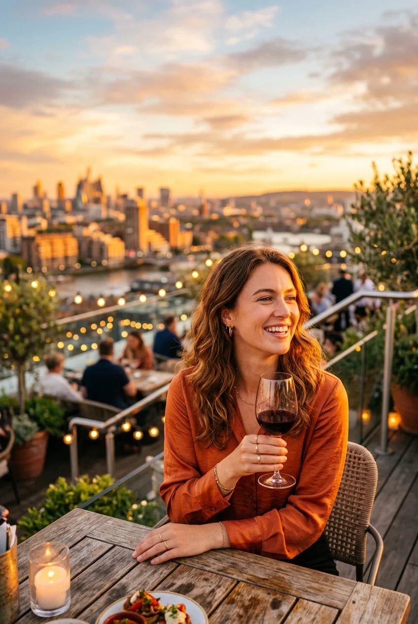 What to Wear to a Rooftop Bar: 10 Chic, Deck-Safe Outfits 9 rooftob bar outfit with warm neutral top in golden hour tones (AI Generated Image)
