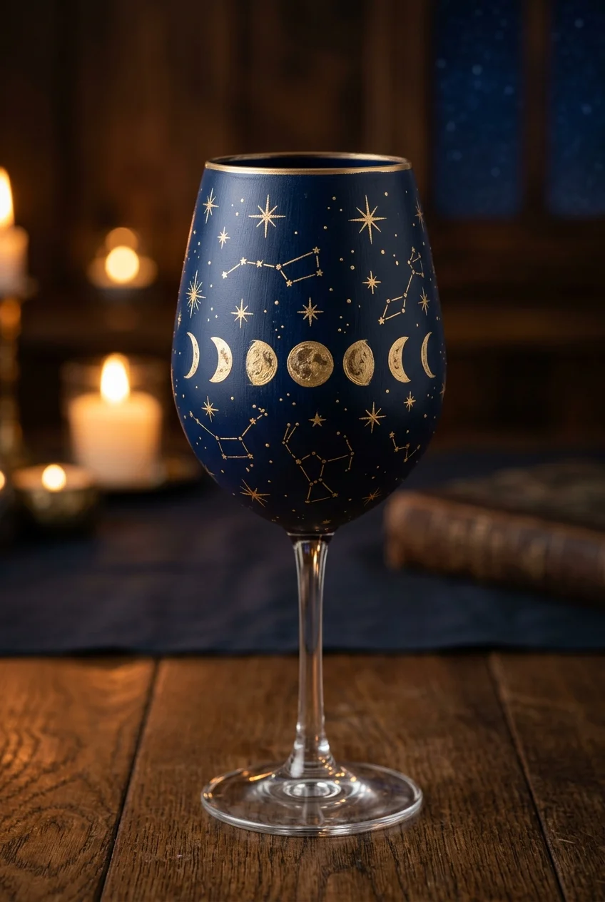Moody Celestial Constellations & Gold Starlight - wine glass painting (AI Generated Image)
