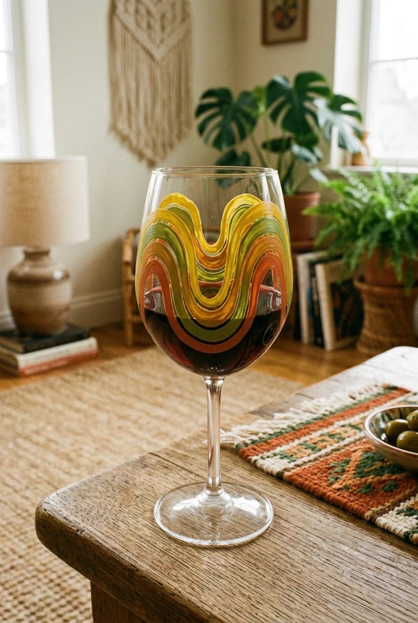 Retro 70s Groovy Swirls & Vibrant Waves - wine glass painting (AI Generated Image)