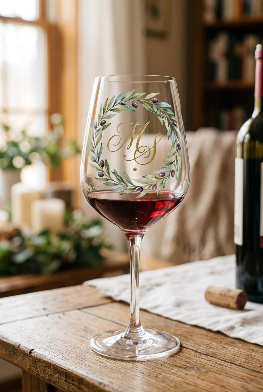 Watercolor Olive Branch Wreath with Monogram Initial - wine glass painting (AI Generated Image)