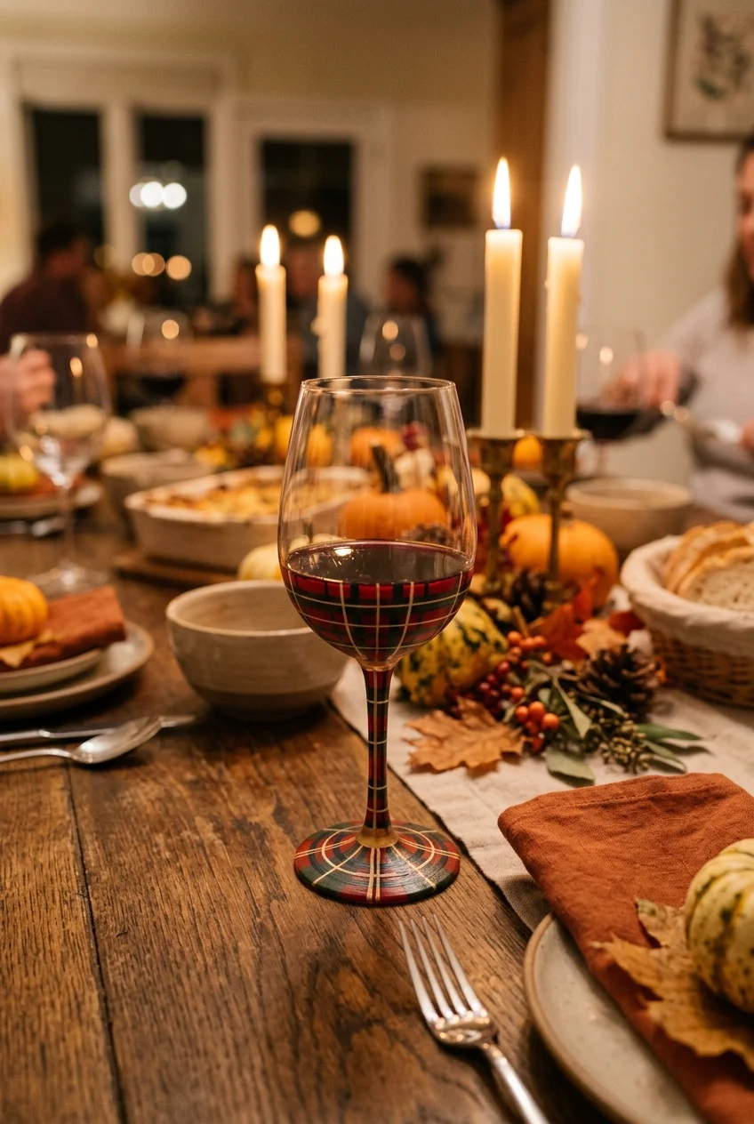 Cozy Autumn Plaid & Gingham Patterned Wine Stems - wine glass painting (AI Generated Image)