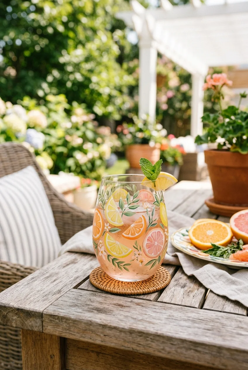 Pastel Summer Citrus Slices & Fruit Sprigs - wine glass painting (AI Generated Image)