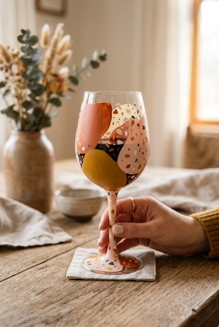 20 Aesthetic Wine Glass Painting Ideas & Oven-Curing Cheat Sheet 6 Modern Abstract Terrazzo & Color Blocks - wine glass painting (AI Generated Image)