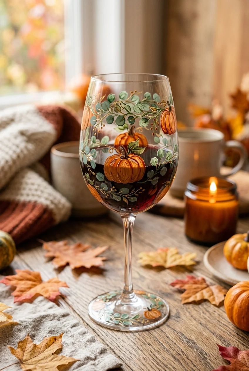 20 Aesthetic Wine Glass Painting Ideas & Oven-Curing Cheat Sheet 13 Cozy Autumn Pumpkin & Eucalyptus Garlands - wine glass painting (AI Generated Image)