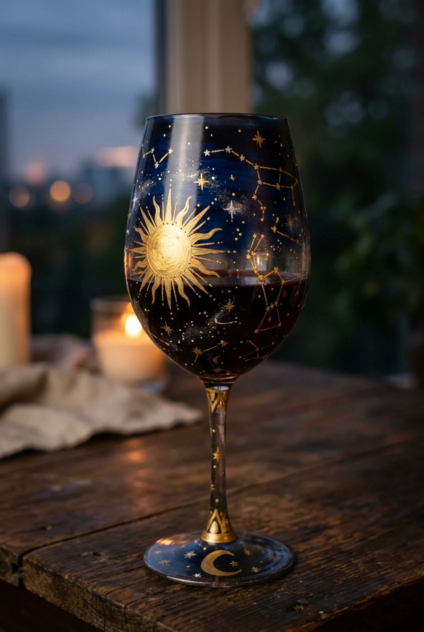 20 Aesthetic Wine Glass Painting Ideas & Oven-Curing Cheat Sheet 11 Metallic Foil & Sunburst Celestial Accents - wine glass painting (AI Generated Image)