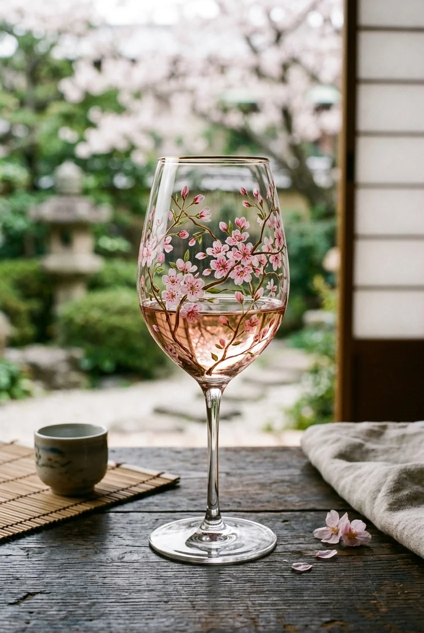 20 Aesthetic Wine Glass Painting Ideas & Oven-Curing Cheat Sheet 16 Vibrant Cherry Blossom & Japanese Zen Petals - wine glass painting (AI Generated Image)