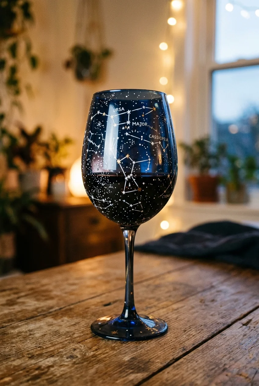 20 Aesthetic Wine Glass Painting Ideas & Oven-Curing Cheat Sheet 21 Celestial Constellations & Night Sky Starlight - wine glass painting (AI Generated Image)