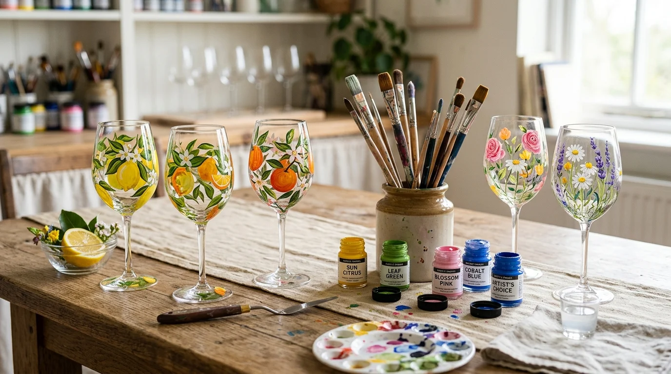 Read more about the article 20 Aesthetic Wine Glass Painting Ideas & Oven-Curing Cheat Sheet (AI Generated Image)