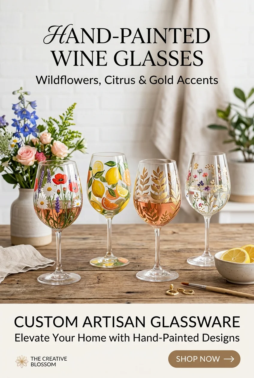 Read more about the article 15 Chic DIY Wine Glass Painting Ideas (Plus Baking & Curing Tips) (AI Generated Image)